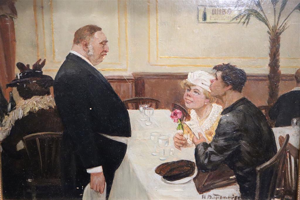 Russian School c.1920 Theatre scene with smokers watching from a box, and a restaurant scene with diners querying the bill, 10 x 12in.